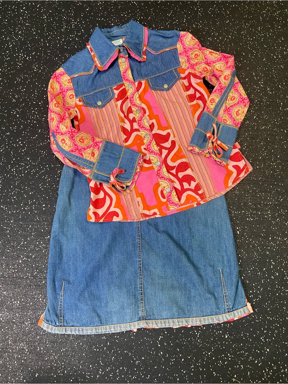 Oilily Pink & Blue Patterned Denim-Trim Kids top and skirt cowboy country